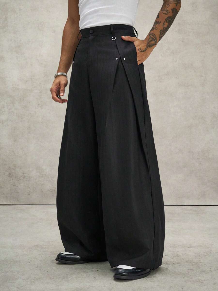 PAVTROS Men's Solid Color Pleated Wide Leg Loose Casual Pants With Side Pockets - Khaki - View 1
