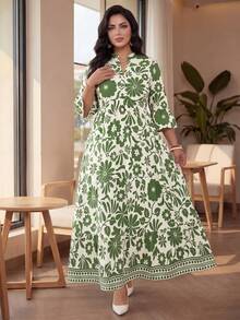 Auveirra Große Größen Damen Kleid mit Blume Muster, weitem Ärmel und Rüschensaum für den Strand - Verschiedenfarbig - Übersicht 1