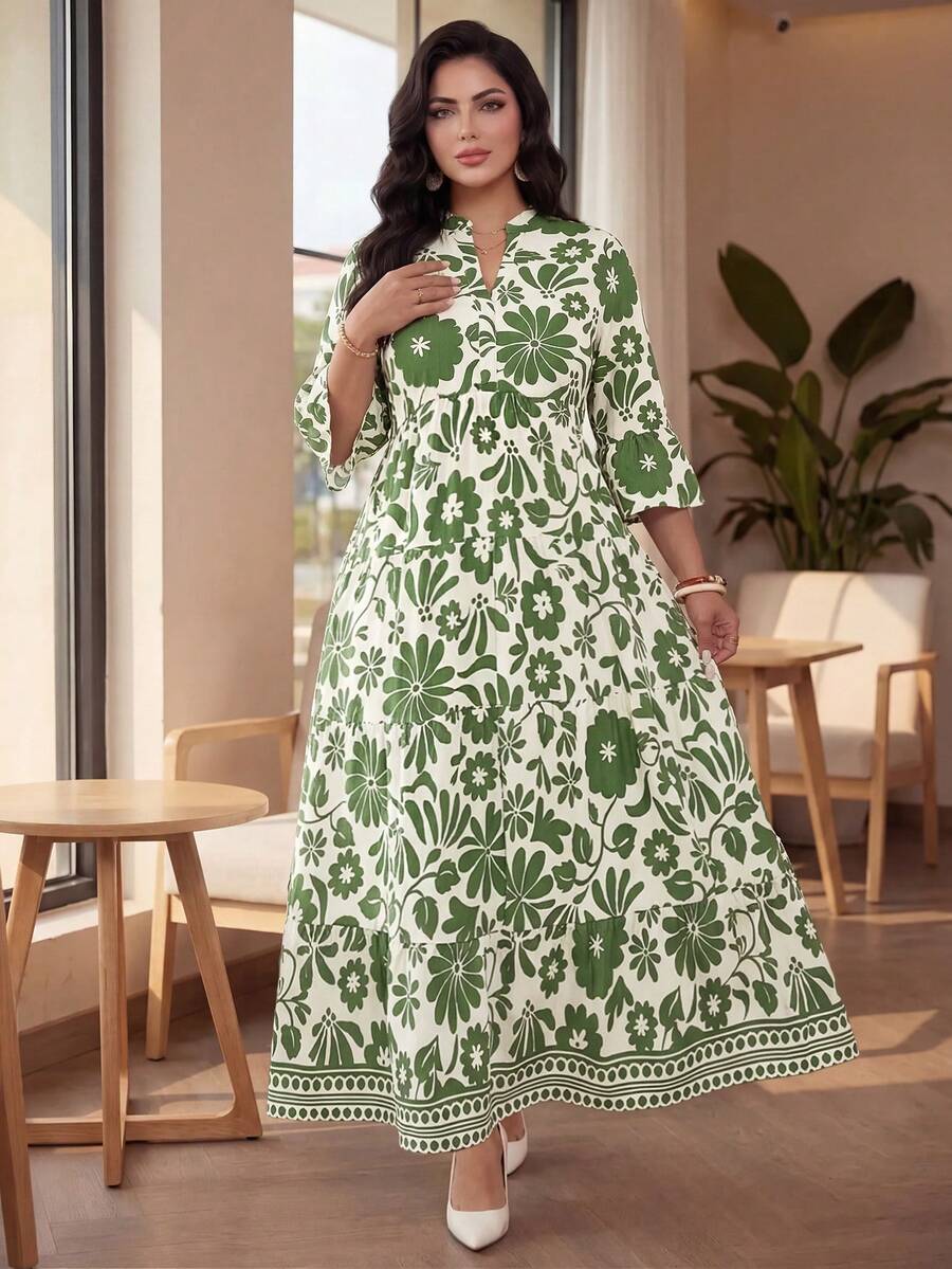 Auveirra Große Größen Damen Kleid mit Blume Muster, weitem Ärmel und Rüschensaum für den Strand - Verschiedenfarbig - Übersicht 1