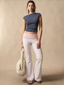 VARSIVA Women's Casual Striped Flared Pants With Waist Fold Over Leggings - Baby Pink - View 2