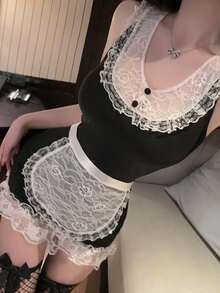 Dansine Sexy Lace Maid Costume, Tempting Nightclub Waitress Uniform Set - Black - View 1
