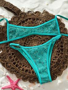 Swim Vcay 2026 Spring/Summer New Lake Blue Glitter Mesh Bikini Set, Adjustable Thin Shoulder Straps, Bandeau Top With Side Ties, High Cut Triangle Bottoms, Sexy Vacation Beach Two-Piece Swimsuit Set - Mint Blue - View 3