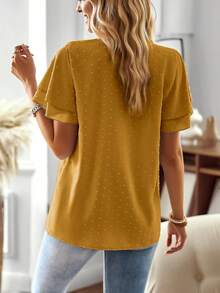 Ceyna Plus Size Women Boho Embroidered V Neck Blouse, Swiss Dot Ruffle Short Sleeve Shirt, Loose Fit Curvy Figure Casual Mustard Yellow Top Summer - Yellow - View 3