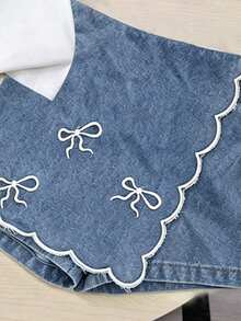 SHEIN Elladie kids 女童2件組春夏套裝，圓領針織T恤與牛仔裙褲，刺繡與撞色工藝，休閒可愛櫻桃刺繡設計，短袖短褲套裝 - 白色 - 查看 8
