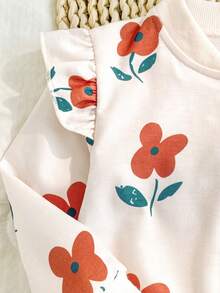SHEIN Vintaside Kids 復古花卉印花棒球領拉鍊荷葉邊長袖上衣褲套裝，甜美休閒運動衫套裝 - 杏色 - 查看 6