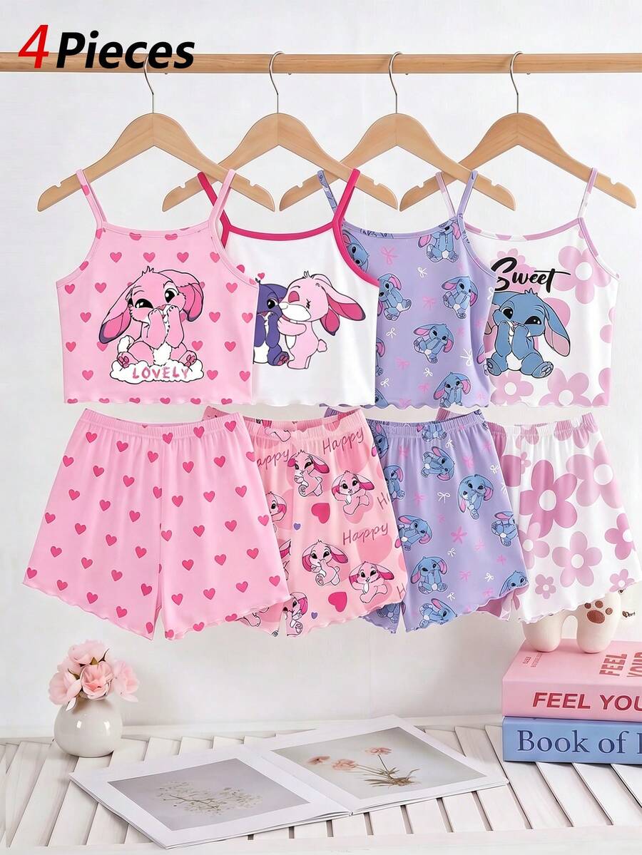 4pcs/2sets Girls Cute Rabbit Print Camisole & Shorts Casual Comfortable Homewear Set, Suitable For Indoor & Outdoor Wear, Fashionable & Elegant - Multicolor - View 1