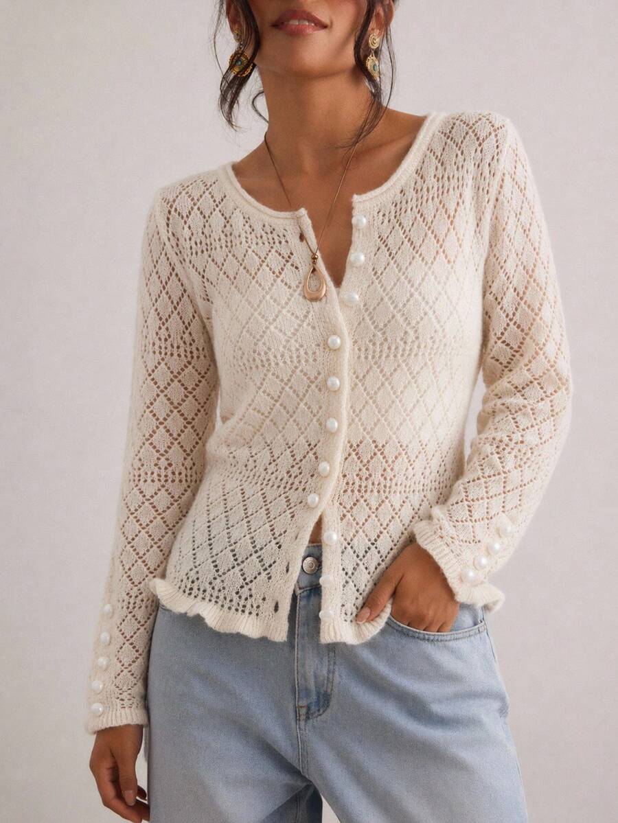 Freevana Women's Plus Size Knit Cardigan, Apricot Khaki Long Sleeve Round Neck Fit Elegant Casual Autumn Plus Size Women's Clothing Women' Cocktail Formal - Khaki - View 1
