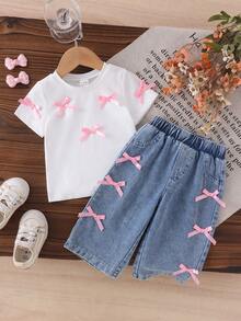 SHEIN Playful Pals 嬰兒/幼兒(女孩)白色針織短袖T恤上衣與藍色長褲蝴蝶結套裝，時尚女孩休閒蝴蝶結套裝 - 白色 - 查看 7