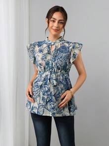 Momance-D 女款孕婦時尚上衣，荷葉邊雪紡泡泡袖，優雅常規花卉白色上衣，適合約會、婚禮賓客、夏季穿著 - 藍色 - 查看 5