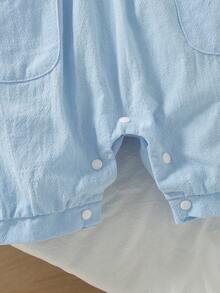 SHEIN Playful Pals 女嬰夏季時尚新款可愛3D花朵刺繡荷葉袖綠色連身褲與帽子2件組 - 藍色 - 查看 8