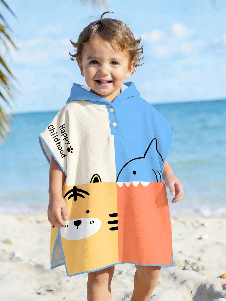 SHEIN 客製化男嬰泳裝毛巾浴袍，嬰幼兒多尺寸V領連帽披肩，可穿式浴巾，海灘罩衫，洗澡與游泳必備，浴室必備，游泳披肩