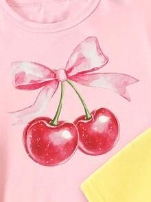 (3 Set Acak, Kirim 1 Set) Set Kaos Pendek dan Celana Pendek Biker Motif Lemon, Stroberi, Pita, dan Ceri untuk Semua Musim Semi, Panas, Musim Gugur, dan Musim Dingin untuk Bayi Perempuan, Warna Merah Muda, Kuning, Manis, Imut, dan Cocok untuk Pakaian Sehari-hari - MultiWarna - View 6