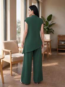 Auveirra 2025 New Plus Size Women Dark Green Solid Loose Asymmetric Hem Elegant Blouse Winter Valentine's Day New Year Party Green Wedding Guest Batwing Sleeve Top Fall Women Green Elegant Top - Dark Green - View 2