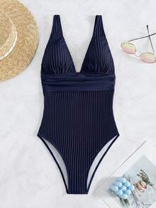 Swim Vcay Solid Color One-Piece Swimsuit For Vacation Beach - Navy Blue - View 4