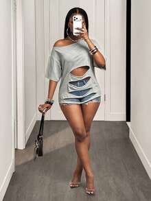 BamGleam 女款純色不對稱肩休閒性感街頭風百搭日常出遊夜店 T-shirt 灰色夏季 - 淺灰色 - 查看 5