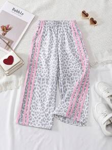 SHEIN Young Girl Leopard Print Color Block Striped Long Pants - Multicolor - View 5