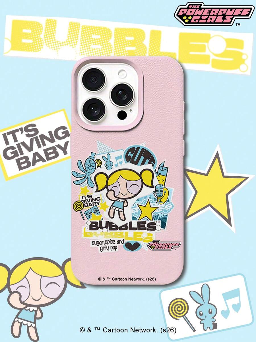 THE POWERPUFF GIRLS X SHEIN The Powerpuff Girls Bubbles 卡通貼紙拼貼圖案 星星兔子章魚麥克風音符愛心字母元素 皮革紋理粉色親膚防震防摔手機保護殼,適用於 Apple iPhone 13/14/15/15Pro/16/16Pro/17Pro,熱銷日常美學手機殼 - 彩色 - 查看 1