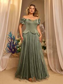 Glamrae Plus Size Elegant Formal Sage Green Off-Shoulder 3D Flower Mesh Extra Long Asymmetrical Satin Patchwork Tassel Mermaid Evening Gown Wedding Dinner - Green - View 3