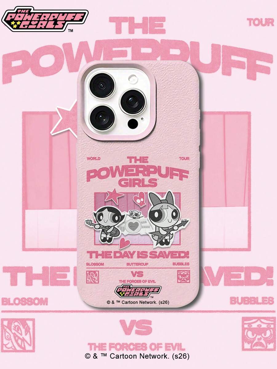 THE POWERPUFF GIRLS X SHEIN 飛天小女警搖滾吉他 Blossom Buttercup 卡通圖案星星愛心字母印花皮革紋理粉色親膚防震防摔保護手機殼 適用於 Apple iPhone 13/14/15/15Pro/16/16Pro/17Pro,熱銷日常美學保護殼 - 彩色 - 查看 1