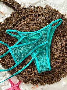 Swim Vcay 2026 Spring/Summer New Lake Blue Glitter Mesh Bikini Set, Adjustable Thin Shoulder Straps, Bandeau Top With Side Ties, High Cut Triangle Bottoms, Sexy Vacation Beach Two-Piece Swimsuit Set - Mint Blue - View 4
