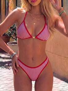 Bonvoyette Women's Beach Party Vacation Casual Sexy Tropical Red And White Stripe Cute Lace-Up Backless Front Starfish Swimwear Set Summer - Red - View 1