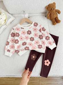 SHEIN Baby Girl Knitted Floral Pattern Crew Neck Casual Sweatshirt And Long Pants 2-Piece Set - Multicolor - View 1