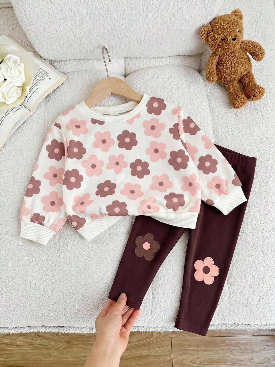 SHEIN Baby Girl Knitted Floral Pattern Crew Neck Casual Sweatshirt And Long Pants 2-Piece Set - Multicolor - View 1