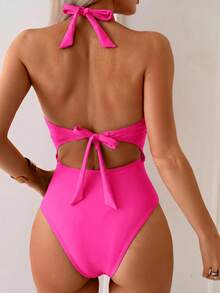 Swim Mod Damen einfarbiger Twist-Cut Out-Design Schnürung Rückenfrei Neckholder Einteiler Badeanzug - Heißes Pink - Übersicht 5