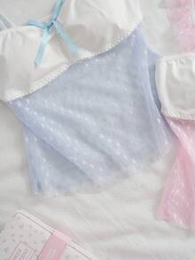 SweetSlumber Sweet Ins Polka Dot Mesh Ruffle Bow Decor Patchwork Knit Fabric Women's Pajama Top 2pcs Set - Multicolor - View 4