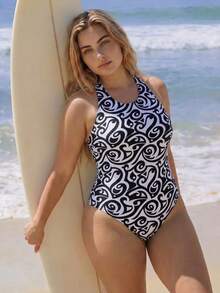 Swim SPRTY 大尺碼女款全身印花連身泳衣，適合海邊度假、泳池派對、海灘派對 - 黑與白 - 查看 3