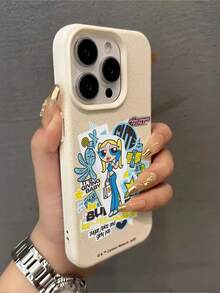 THE POWERPUFF GIRLS X SHEIN The Powerpuff Girls 辣妹 Bubbles 卡通貼紙拼貼圖案 星星章魚兔子麥克風愛心字母元素 皮革紋理白色親膚防震防摔手機保護殼，適用於 Apple iPhone 13/14/15/15Pro/16/16Pro/17Pro，熱銷日常美學保護殼 - 彩色 - 查看 3