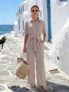 Faunlyn Women's Casual Striped Short-Sleeve Pocket Jumpsuit - Brown - View 7