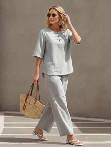 Faunlyn Conjunto de 2 piezas de top y pantalones a rayas casual para vacaciones de mujer - Multicolor - Ver 4
