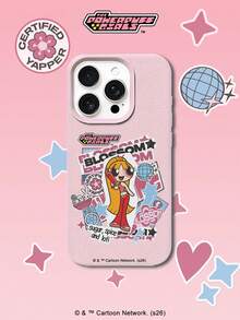 THE POWERPUFF GIRLS X SHEIN The Powerpuff Girls Blossom 卡通貼紙圖案 星花兔子迪斯可球字母元素 皮革紋理 粉色 親膚 防震防摔 保護手機殼 適用於 Apple iPhone 13/14/15/15Pro/16/16Pro/17Pro，熱銷日常美學保護殼 - 彩色 - 查看 3