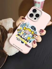 THE POWERPUFF GIRLS X SHEIN The Powerpuff Girls Bubbles 卡通貼紙拼貼圖案 星星兔子章魚麥克風音符愛心字母元素 皮革紋理粉色親膚防震防摔手機保護殼，適用於 Apple iPhone 13/14/15/15Pro/16/16Pro/17Pro，熱銷日常美學手機殼 - 彩色 - 查看 6
