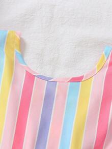 Vestido casual de moda para niñas con estampado floral elegante, cuello redondo, mangas volantes, abertura en la espalda, lazo 3D, cintura definida y dobladillo con volantes, adecuado para vacaciones y viajes, vestido de verano para niñas - Multicolor - Ver 8