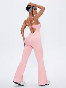 SHEIN Sports Jumpsuit Olahraga Wanita Manis Polos Seksi Model Mengembang - Baby Pink - View 2