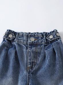 SHEIN 女童夏季柔軟水洗百搭寬鬆時尚舒適個性化，荷葉邊腰帶可調節活動帶裝飾，I型壓褶假口袋設計，中藍色水洗牛仔色，牛仔寬腿長褲薄款 春/夏 - 中等水洗藍 - 查看 6