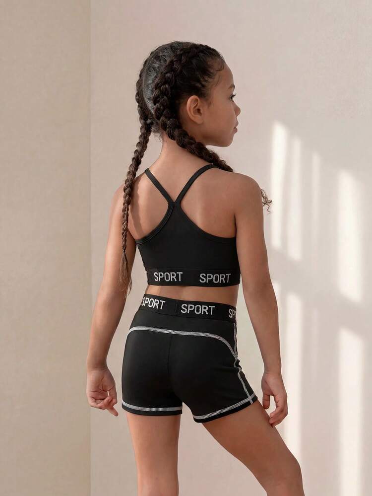 SHEIN Young Girls Solid Color Camisole Top & Shorts 2 Pieces Set, High Elasticity Slim Fit Body Shaping, 4-Way Stretch High Stretch, Suitable For Cycling, Running, Training, Sports, Daily Casual Wear - Black - View 2