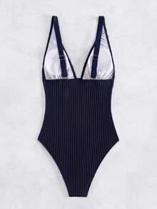Swim Vcay Solid Color One-Piece Swimsuit For Vacation Beach - Navy Blue - View 5
