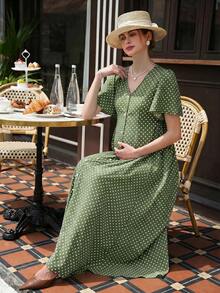 Momance Vestido de maternidad casual con estampado de lunares, manga larga con volantes y abertura - Verde Oliva - Ver 8