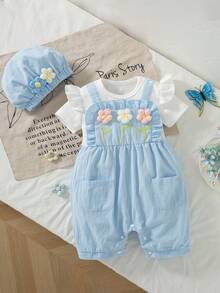 SHEIN Playful Pals 女嬰夏季時尚新款可愛3D花朵刺繡荷葉袖綠色連身褲與帽子2件組 - 藍色 - 查看 2