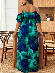 Breezaya Vestido de vacaciones para mujer de talla grande con estampado floral, dobladillo con volantes y abertura lateral, primavera/verano/otoño - Multicolor - View 2