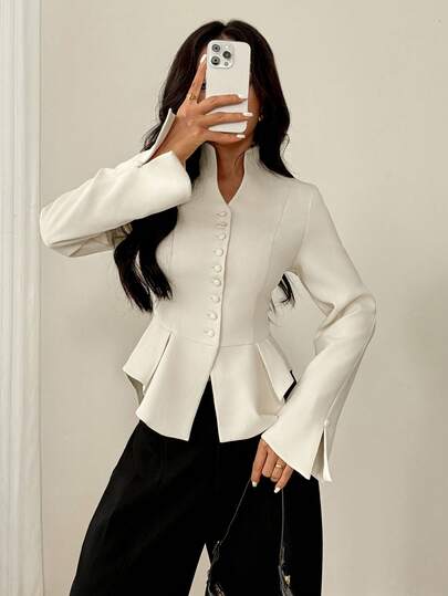 SHEIN PETITE Women's Solid Color Long Sleeve Asymmetrical Hem Single-Breasted Elegant Blazer