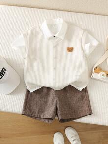 SHEIN 3pcs Young Boys Casual Preppy Vest Shorts Striped Shirt Set, Suitable For Birthday Party, Evening Party, Performance, Wedding, School, Baptism, 1st Birthday Celebration, Baby Shower, Spring, Summer, Autumn - Khaki - View 4