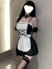 Dansine 女款 2026 春夏新款性感女僕裝 蕾絲誘惑洋裝 動漫 Cosplay 制服套裝 - 黑色 - 查看 4