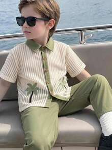 SHEIN 2pcs/Set Setelan Anak Laki-Laki Musim Panas Kemeja Lengan Pendek & Celana Panjang Hijau, Pakaian Liburan, Setelan Musim Panas, Setelan Anak Laki-Laki, Setelan Liburan, Setelan Hijau - MultiWarna - View 5