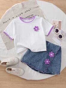 SHEIN Elladie kids 女童 2 件組春夏季套裝，圓領 T 恤與牛仔裙褲套裝，刺繡與花卉裝飾，俏皮可愛，休閒時尚，女童夏季短袖短褲套裝 - 紫色 - 查看 4