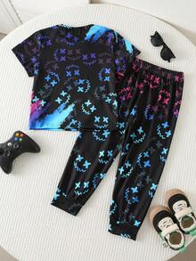SHEIN 2pcs Young Boy Casual Vision Fluorescent Cartoon Pattern Round Neck Short Sleeve Shorts 2 Pieces Outfit Set, Suitable For Spring/Summer , Daily Wear, Sports, Outings, School, Parties, Festivals, Photoshoots - Black - View 3