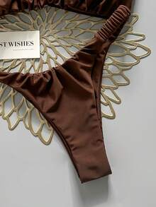Swim Mod Women's Spring/Summer Solid Color Thick Strap Ruched High Cut Sexy Bikini Set - Brown - View 4